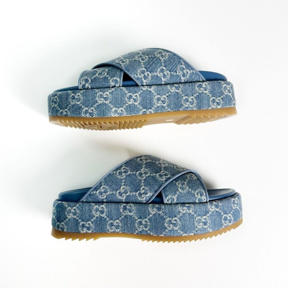 Gucci Blue Denim Platform Sandal Slides - Picture 8 of 13